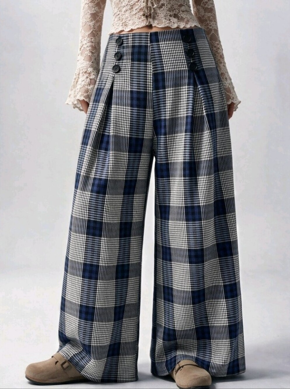 Women Fall Winter High Waist Plaid Wide Leg Pants, Vintage Preppy Y2K Style
